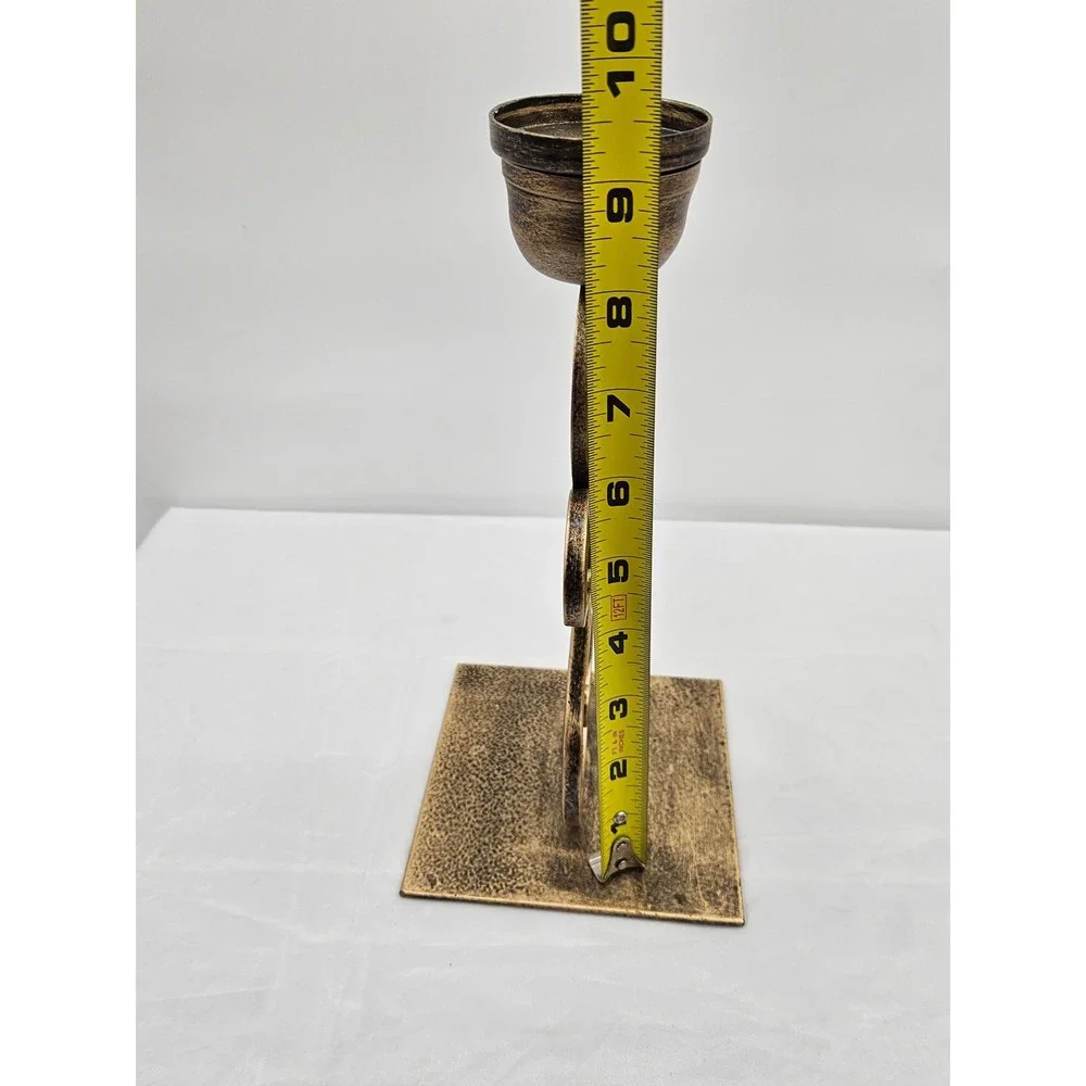 Vintage Style Bronze Metal Scrollwork Pillar Candle Holder 9.5 Inch Centerpiece